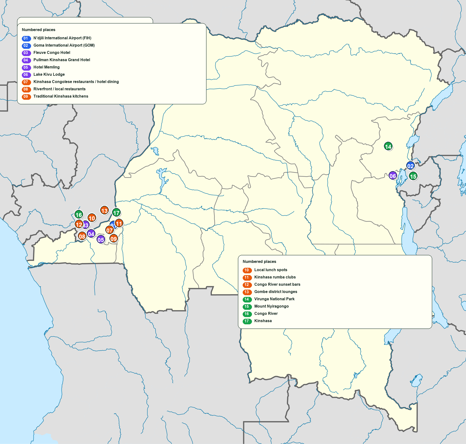 RDC karte ya mobembo eye ezali na elilingi, baéroport, baotɛlɛ, balɛstorá, masano, mpé bisíka ya kotála