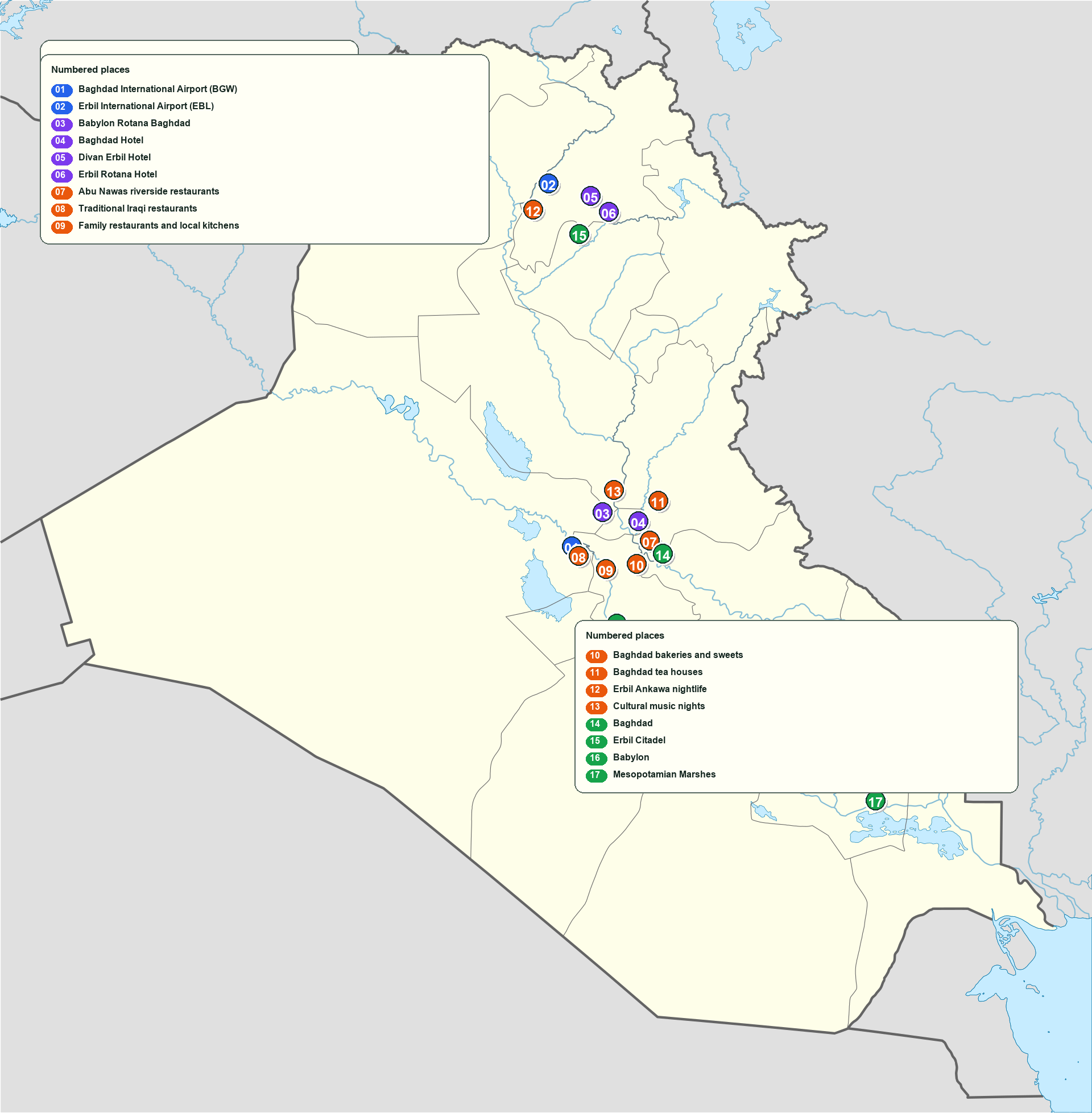 Irak Illustréiert Reeskaart mat Fluchhäfen, Hoteller, Restauranten, Ënnerhalung an Attraktiounen