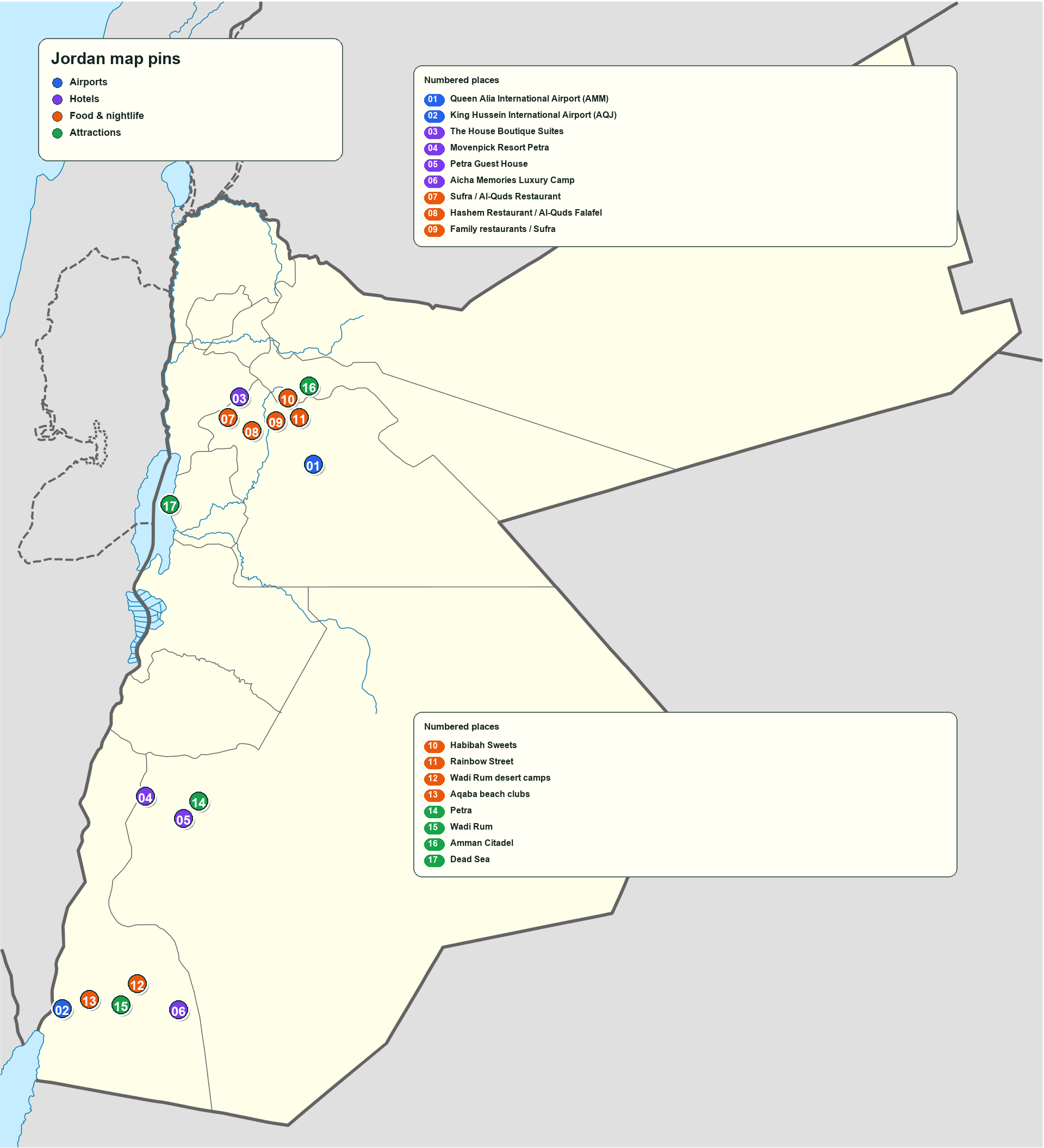 Jordanien Illustréiert Reeskaart mat Fluchhäfen, Hoteller, Restauranten, Ënnerhalung an Attraktiounen