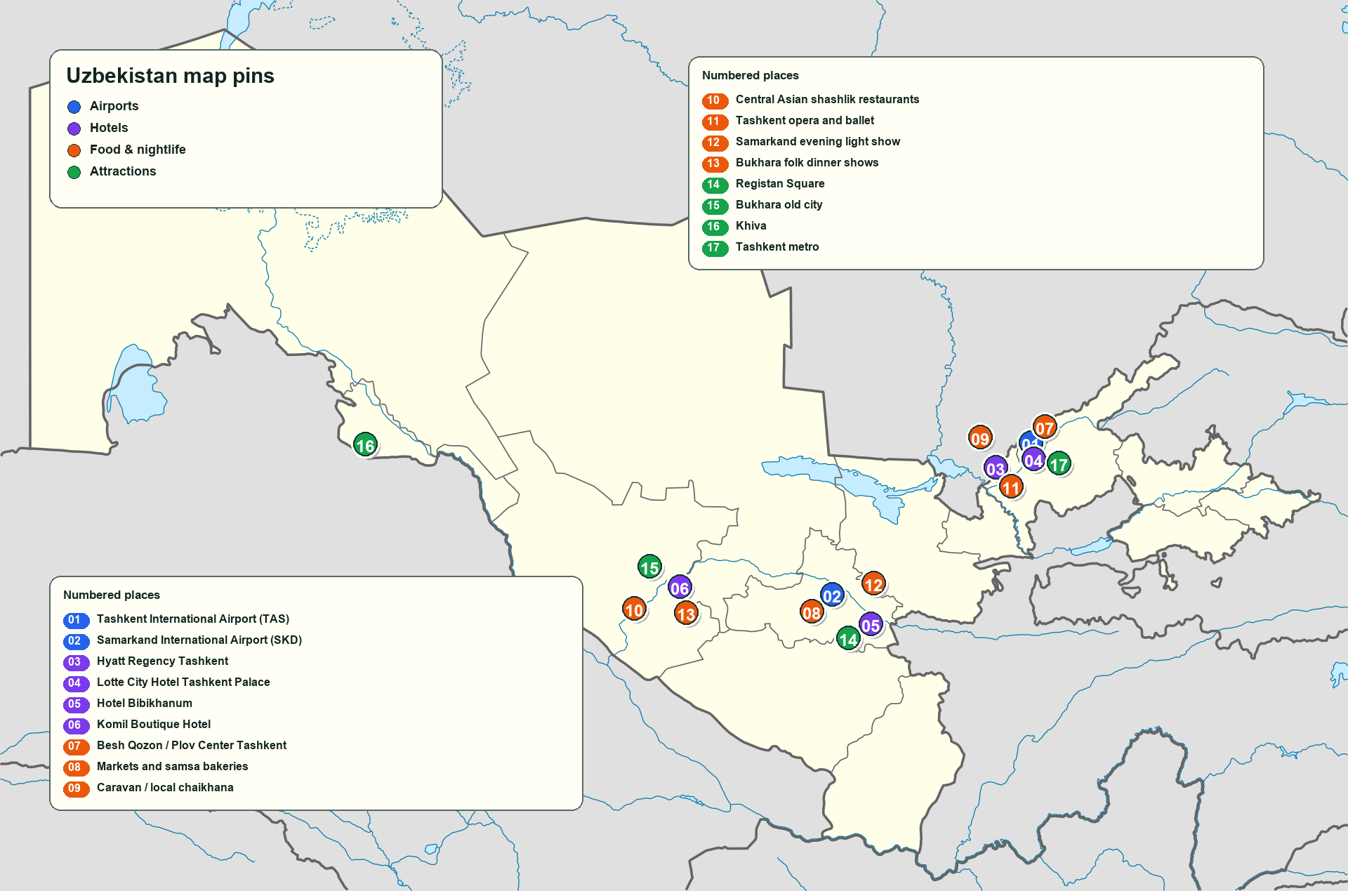 Uzbekistan ilustrowana mapa podróży z lotniskami, hotelami, restauracjami, rozrywką i atrakcjami